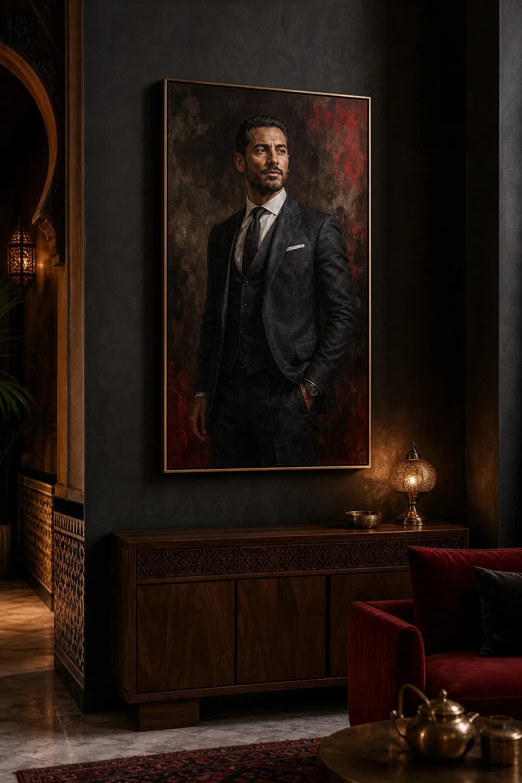 Portrait personnalisé sur toile accroché dans un intérieur marocain élégant — Mordax